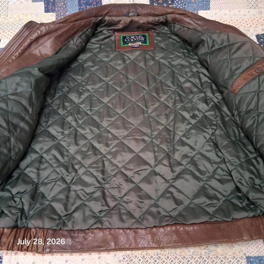 Vintage Town Country Gordon Ferguson Mens XL Brown Leather Bomber Jacket Quilted